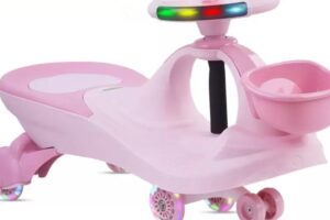 BayBee Lexcen Swing Panda Car for kids in pink color with front basket